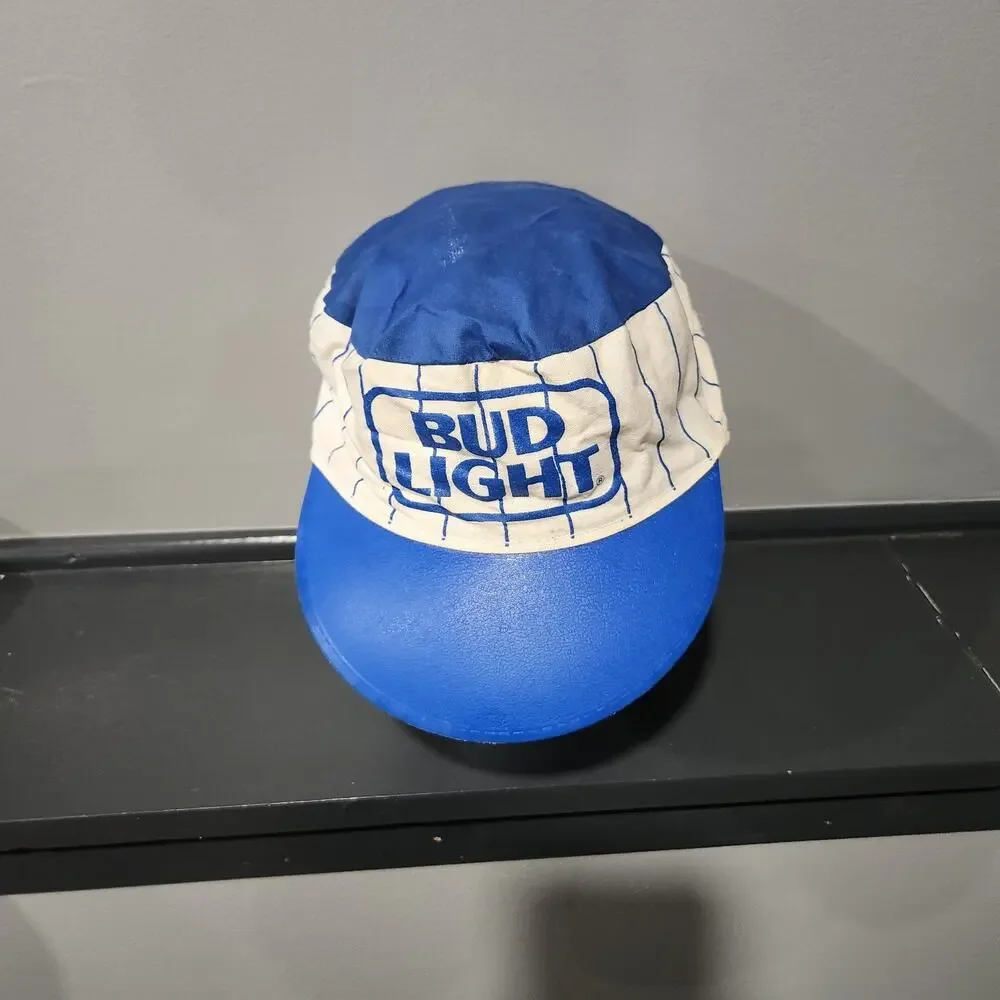 VTG Bud Light‎ Budweiser Beer Blue Pinstripe Painters Hat Cap USA Made STAINED